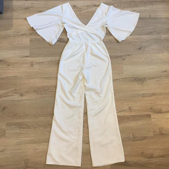 White Cross Open Back Jumpsuit with Bell Sleeves - Picture 4 of 4